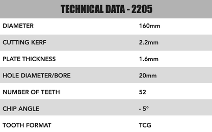 160 mm x 20 mm x 2,2 mm (Ali) 52T TCG Hoja de sierra de pista con rastrillo negativo - 2205