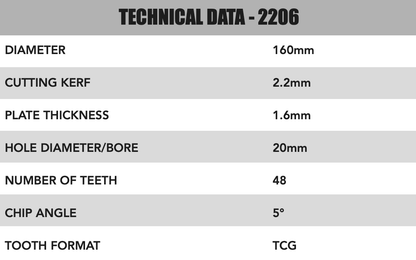 160mm x 20mm x 2.2mm 48 Tooth TCG Track Saw (Solid Surface) - 2206