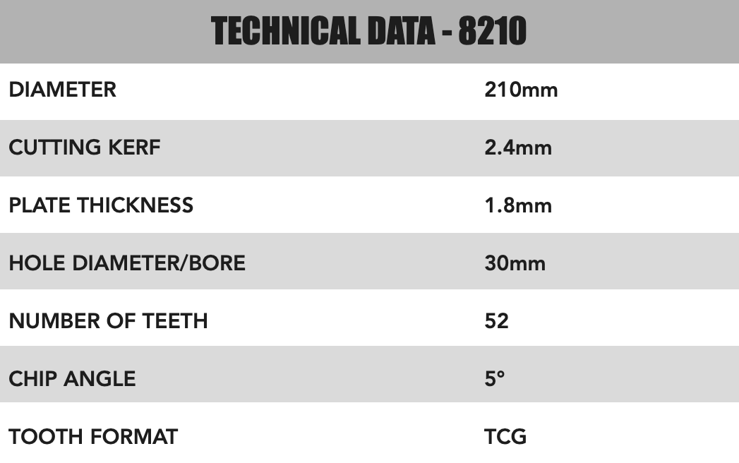 210mm x 30mm x 2.4mm 52-zębowa piła gąsienicowa TCG (pełna powierzchnia) - 8210