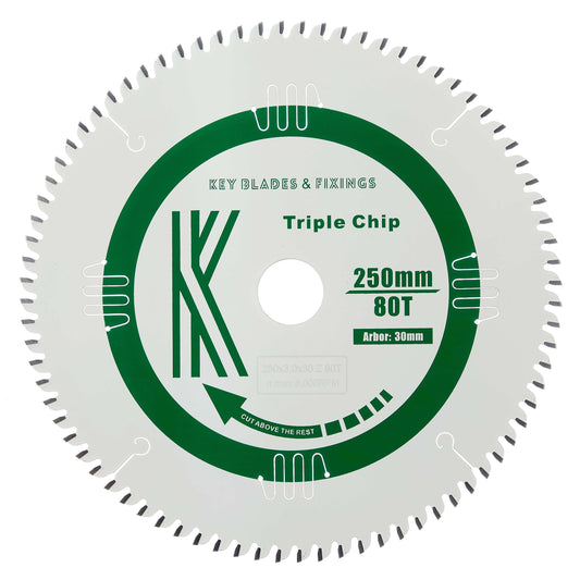 250 mm x 30 mm x 3,0 mm Hoja de viruta triple de 80 dientes (MFC y laminados) 8250